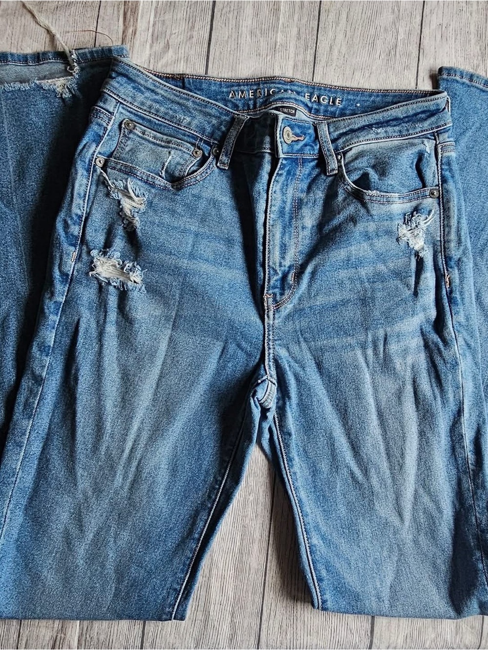 American Eagle Outfitters Distressed Blue Jeans- super high rise flare- 6 long